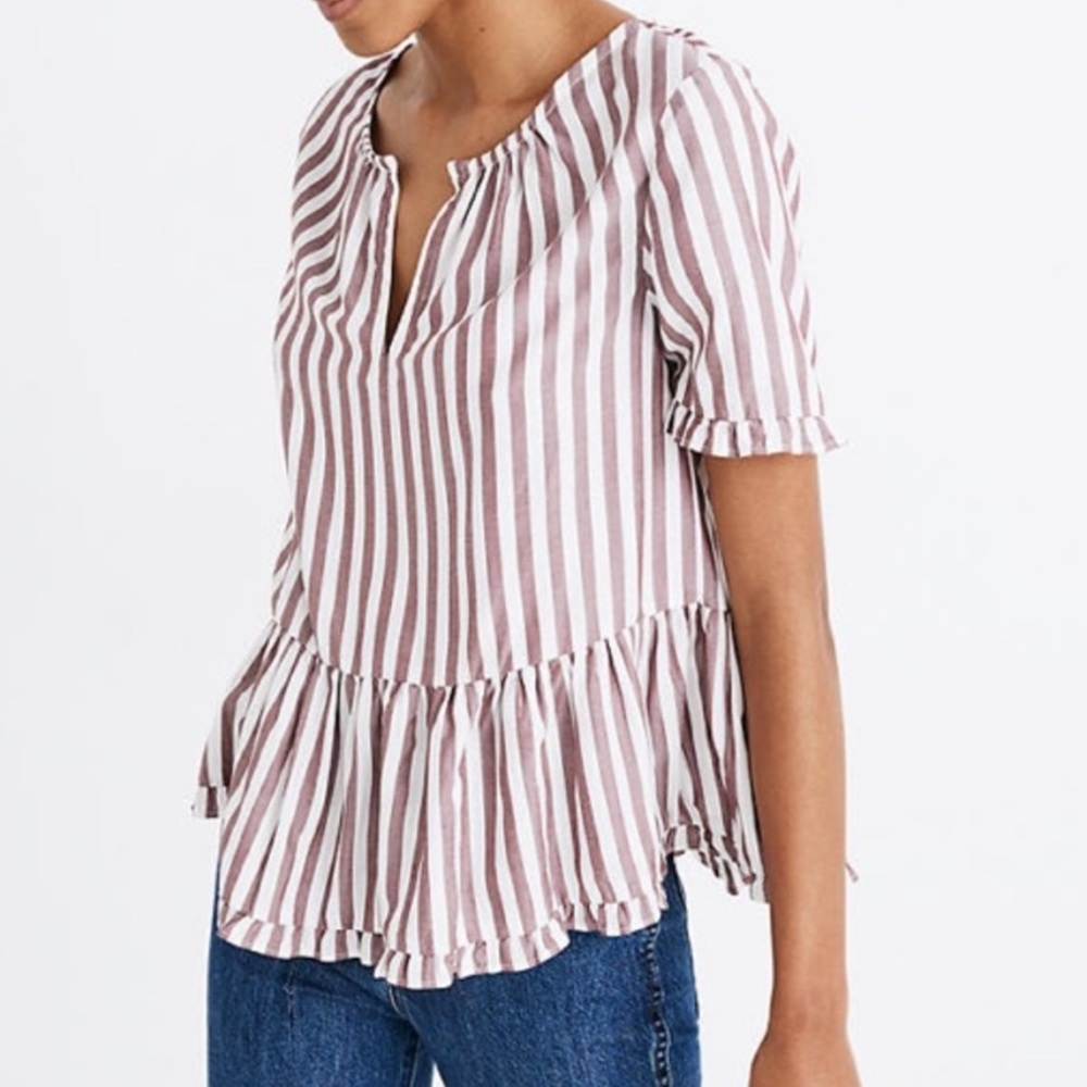 MADEWELL STANZA RUFFLE HEM TOP BLOUSE STRIPE RED WHITE SMALL